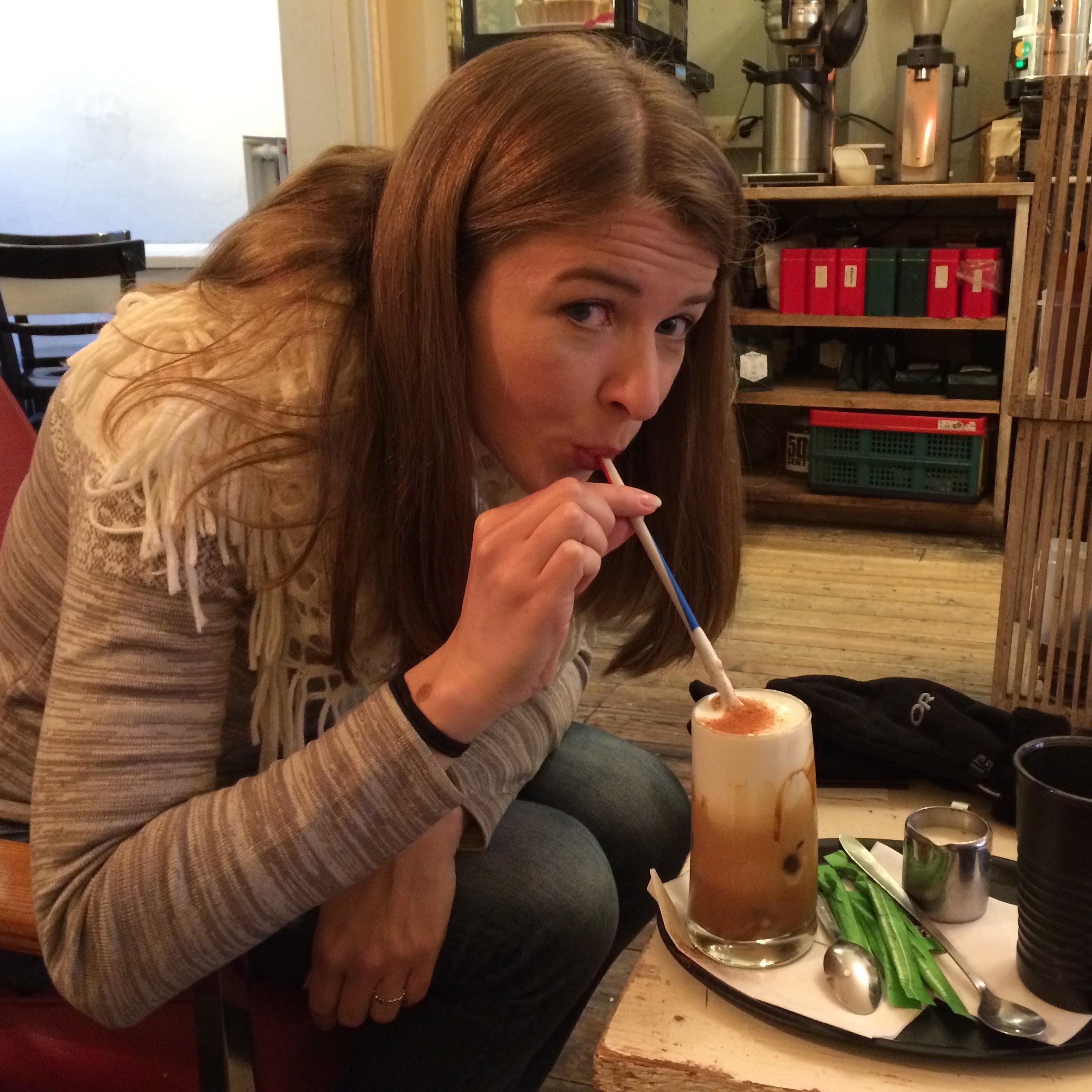 Photo of Heidi drinking coffee