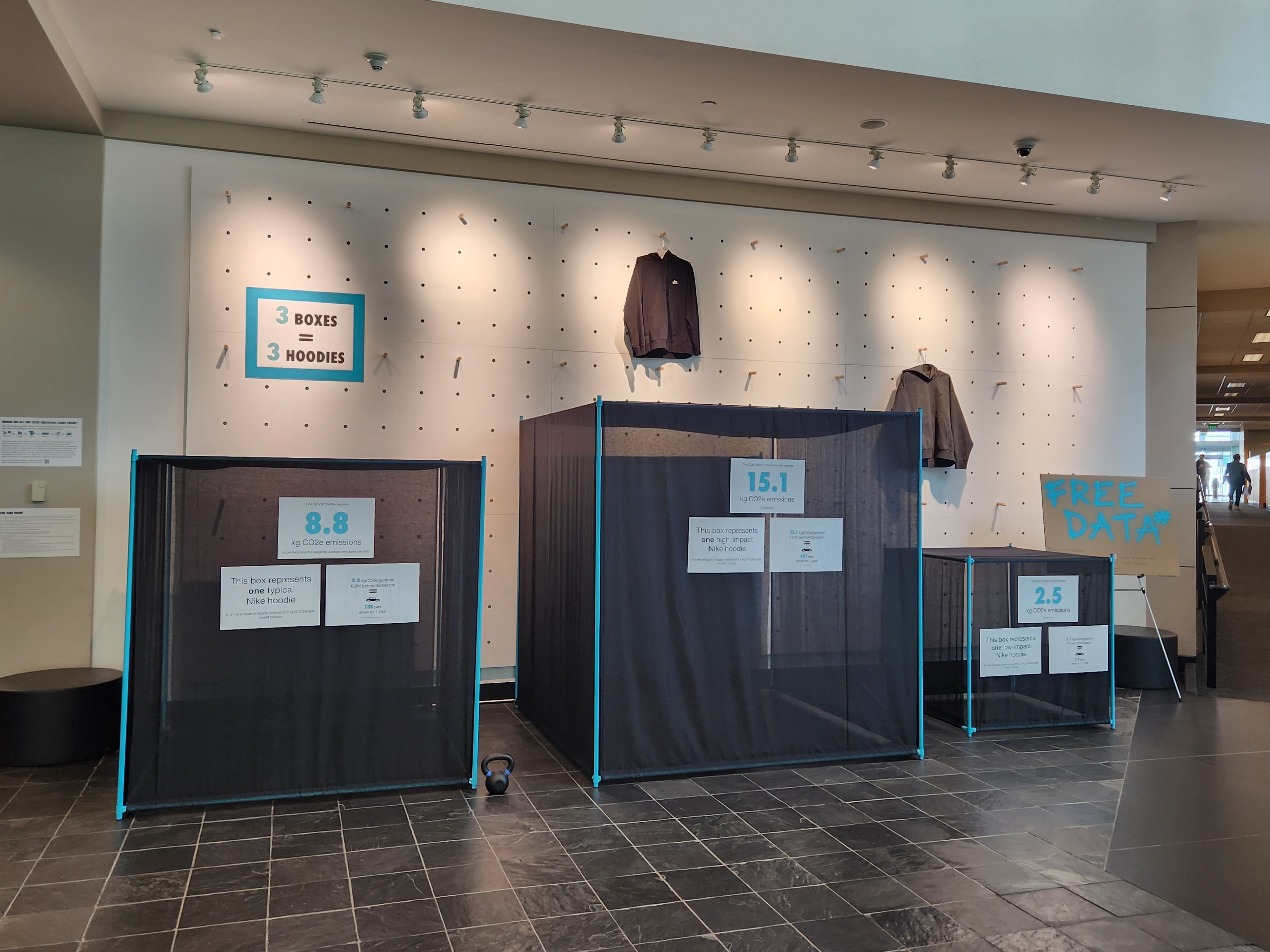 An art installation featuring large sheer boxes